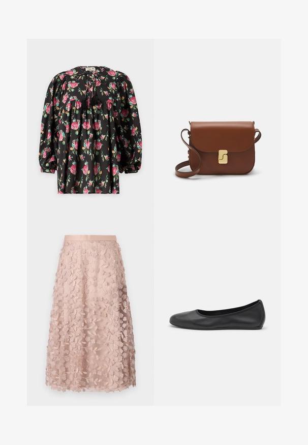 Fekete blúz virágmintával rózsaszín és zöld árnyalatokban. Puffos ujjak jellemzik, redőzött kivágással és bojtokkal díszített nyakkivágással.; Fehér, rövid ujjú póló ribbed anyagból. Kerek nyakkivágás, normál szabás és diszkrét varrási részletek. Nincsenek minták vagy grafikák.; Csipkés midi szoknya puha rózsaszínben, virágmintás hímzéssel, illeszkedő derékkal és réteges kialakítással, kiemelve a finom textúrát.; Fekete bőr balettcipő lekerekített orral, sima tekstúrával, minimális varrással és rugalmas talp kialakítással.; Barna bőr kézitáska, hajtókás zárással, arany színű fém kiegészítőkkel, vállpánttal és sima felülettel. Kompakt téglalap alakú.