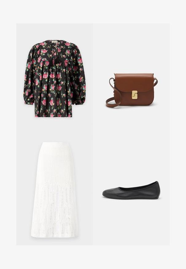 Schwarze Bluse mit floralem Muster in Rosa und Grün. Hat puffige Ärmel, ein gerafftes Oberteil und eine Krawatte mit Quasten am Ausschnitt.; Weißes kurzärmliges T-Shirt aus geripptem Stoff. Runder Halsausschnitt, normale Passform und dezente Nähte. Keine Muster oder Grafiken.; Gestreifte weiße Midi-Rock aus Strick mit einem strukturierten Muster und Ausschnitten am Saum. Elastischer Bund. Weiches Material.; Schwarze Leder-Ballettschuhe mit abgerundeter Spitze, glatter Textur, minimalen Nähdetails und einem flexiblen Sohlen-Design.; Braune Ledertasche mit Klappenverschluss, Beschlägen in Goldfarbe, einem Schultergurt und einer glatten Oberfläche. Kompakte rechteckige Form.