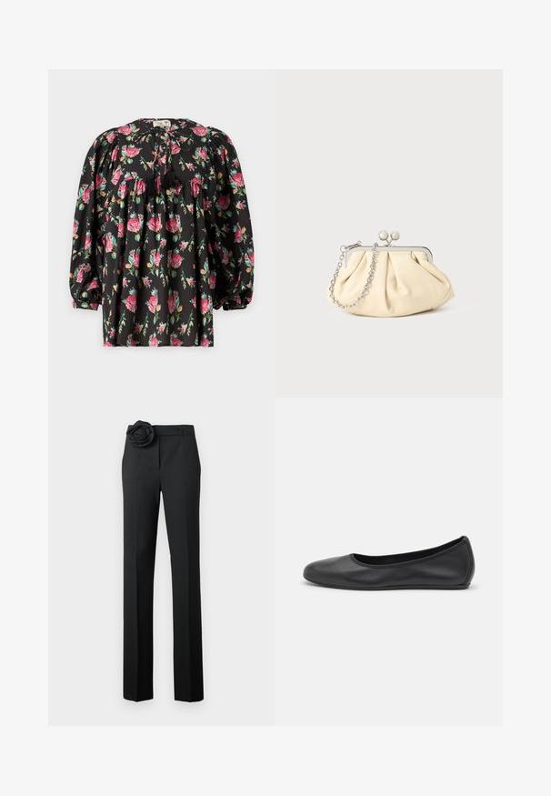 Musta paita kukkakuviolla, jossa on vaaleanpunaisia ja vihreitä sävyjä. Hihoissa on puffiyksityiskohtia, bodice on kerrostettu ja kauluksessa on naru, jossa on tupsut.; Mustat housut, joissa on räätälöity istuvuus, vyötäröllä kangaskukka-akcentti, suorat lahkeet ja sileä pinta.; Musta nahkainen ballerina, jossa on pyöristetty kärki, sileä pinta, minimaalinen ommelkoristelu ja joustava pohjamuotoilu.; Beige nahkaista kassi, jossa on laskostus ja hopeinen metallirunko, kaksi pyöreää koristeellista solkea sekä hopeaketjuolkayh.