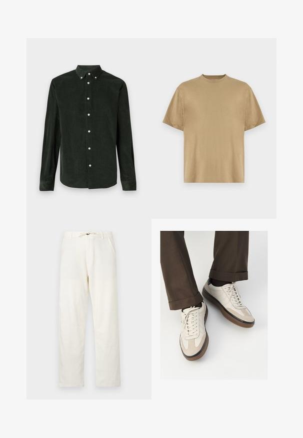 Tume roheline kardinatega pikkade varrukatega nööpidega särk, nupuga kaeluse ja valge tausta peale.; Khaki lühikeste varrukatega T-särk, mis on valmistatud pehmest kangast, ümara kaelusega ja mugava lõikega. Mustreid ega graafikat pole.; Heledad beežid linasest püksid, sirge lõikega, reguleeritava nööri vöökoht ja kaks küljetaskut. Sujuv tekstuur ja minimaalne disain.; Bežid spordijalised, millel on tekstuuriga suede esiosa, siledast nahast küljed ja pruun kummitald. Lisatud on paelad ja heledad õmbluse detailid.