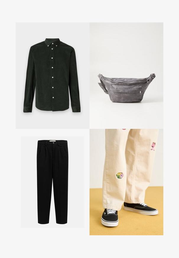 Camicia a maniche lunghe in corduroy verde scuro con colletto a bottoni su uno sfondo bianco.; Pantaloni neri in morbido tessuto, con design a gamba dritta, pieghe frontali e chiusura con bottone in vita.; Pantaloni di cotone beige con divertenti ricami che includono un personaggio rosa e un blocco colorato, abbinati a sneaker nere con lacci.; Fanny pack in suede grigio con forma arrotondata, due scomparti con cerniera e tracolla regolabile. Presenta dettagli in metallo.