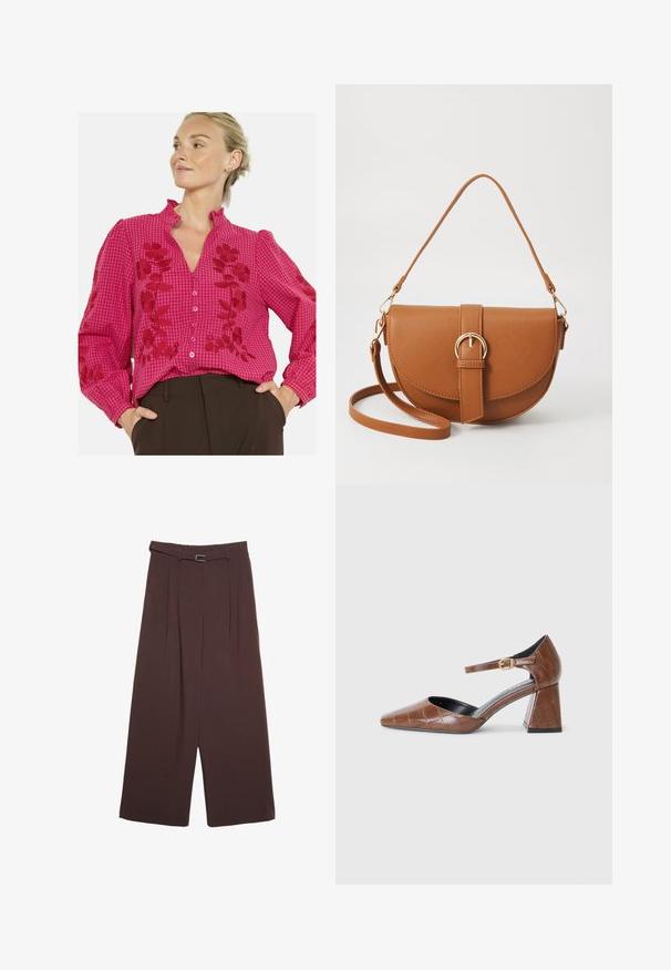 Różowa bluzka w kratę z haftem kwiatowym, falbaniastym kołnierzykiem, długimi rękawami i guzikami z przodu. Miękka tekstura z kontrastującymi czerwonymi akcentami.; Stradivarius - Spodnie materiałowe; Brązowy lakierowany zamszowy szpilki z kwadratowym noskiem, teksturowanym wzorem krokodyla, paskiem na kostkę z złotą klamrą i masywnym obcasem.; Brązowa skórzana torba na ramię o zaokrąglonym kształcie, ze złotymi akcentami i zapięciem w formie klamry. Posiada odpinany pasek na ramię.