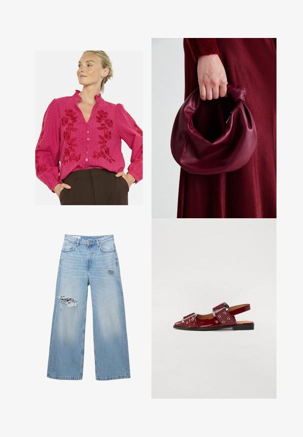Roze geruite blouse met bloemenborduursels, gerimpelde kraag, lange mouwen en knopen aan de voorkant. Zachte textuur met contrasterende rode accenten.; Lichtblauwe wijde jeans van denim, met verwerkte plekken op de knieën en een vijf-pocket ontwerp. Strakke, rechte zoom.; Bordeaux glanzend leren slingback-schoenen met een spitse neus, voorzien van twee verstelbare gespsluitingen en accenten van zilverhardware.; Bordeaux leren handtas met een zacht, gegathered ontwerp en een ronde vorm. De handgreep is stevig bevestigd en toont een gladde textuur.; Gouden mesh horloge met een zwarte ronde wijzerplaat, minimalistische indexen en een zilveren kroon; heeft een logo op de positie van 12 uur.