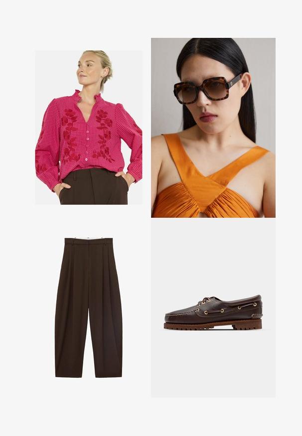 Pink gingham blouse with floral embroidery, ruffled collar, long sleeves, and front buttons. Soft texture with contrasting red accents.; Brown high-waisted trousers with pleats, made of smooth fabric. Loose fit, straight leg design, featuring belt loops and a zip fly.; Brown leather boat shoe with gold eyelets, round laces, and a textured brown rubber sole. Features stitched detailing and a raised logo.; Brown tortoiseshell oversized sunglasses with a wide rectangular frame and gradient lenses. Gold logo detail on the side.; Brown suede tote bag featuring a triangular design, elongated shoulder straps, and a large open top with a cut-out handle detail.