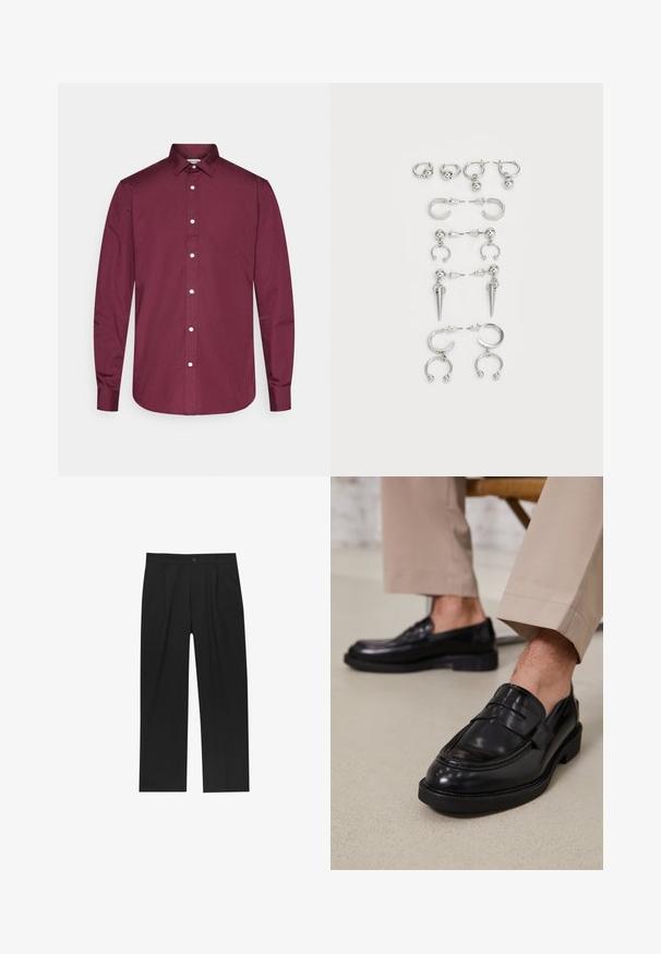Camicia bordeaux a maniche lunghe con bottoni, realizzata in cotone, con colletto classico, bottoni bianchi e orlo curvo. Texture liscia, vestibilità aderente.; Pantaloni neri con un design a gamba dritta, realizzati in un tessuto liscio. Presentano pieghe frontali e una chiusura a un bottone in vita.; Mocassini in pelle nera con finitura liscia, dotati di una cintura decorativa e cuciture a contrasto, abbinati a pantaloni beige.; Set di orecchini in argento con vari design: cerchi, perle e stili pendenti, con accenti a sfera e elementi appuntiti.