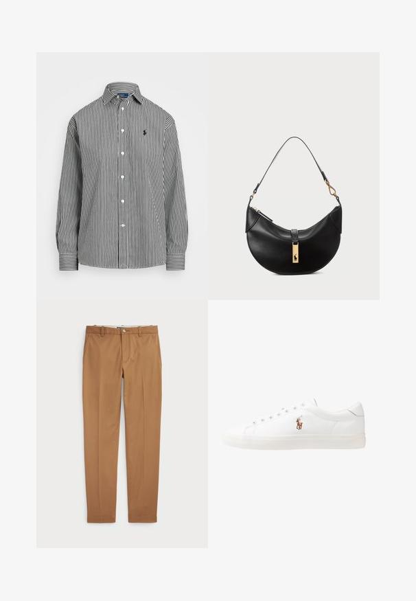 Polo Ralph Lauren RELAXED FIT STRIPED COTTON SHIRT - Blusa com botões - black/white; Calças de algodão castanhas com um design slim-fit, frente lisa e bolsos standard; textura suave e bainhas com acabamento.; Sapatilhas de couro brancas, design de cano baixo, com textura suave, biqueira redonda, atacadores à frente e um pequeno logótipo bordado na lateral.; Bolsa de couro preto em forma de meia-lua. Apresenta um detalhe em metais dourados e uma alça estreita. Textura suave, fechamento em zíper na parte superior.