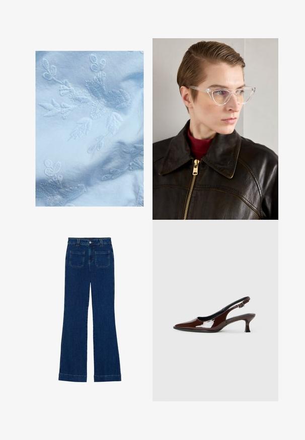 Jasnoniebieska tkanina z misternym białym haftem kwiatowym, z delikatnymi liśćmi i motywami kwiatowymi, gładka tekstura i miękki wygląd.; Jeans dżinsowe z rozszerzanymi nogawkami w ciemnoniebieskim kolorze, o gładkiej fakturze, z pięcioma kieszeniami oraz zapięciem na guzik w talii.; Brązowe lakierowane skórzane buty na obcasie typu slingback z ostrym noskiem i umiarkowanym obcasem. Posiadają pasek z klamrą dla zapewnienia stabilnego dopasowania. Gładka tekstura.; Przezroczyste okulary w kocim kształcie z żółtymi szkłami, noszone przez osobę w ciemnej skórzanej kurtce i czerwonym golfie. Gładka tekstura.