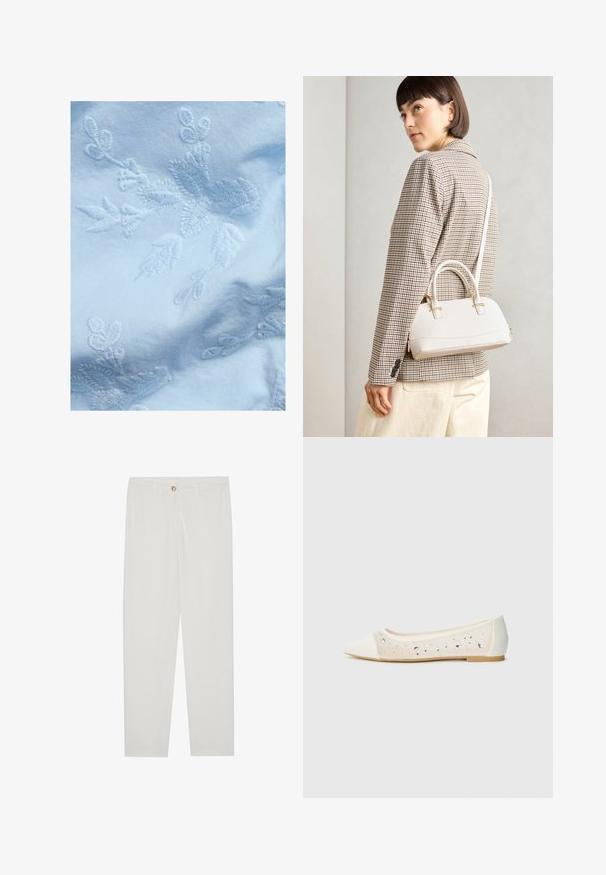 Jasnoniebieska tkanina z misternym białym haftem kwiatowym, z delikatnymi liśćmi i motywami kwiatowymi, gładka tekstura i miękki wygląd.; Białe, dopasowane spodnie z prostymi nogawkami, posiadające zapięcie na guzik, szlufki na pasek oraz kieszenie boczne; gładka tekstura materiału.; Płaskie buty z noskiem w kształcie szpica w kremowej skórze z przezroczystym wierzchem, ozdobione rozsypanymi cekinami. Miękka podeszwa dla komfortu, minimalistyczny design.; Biała torebka o strukturalnym kształcie z krótkimi uchwytami i paskiem na ramię, z złotymi akcentami i teksturowanym materiałem, prezentowana na szarym tle.