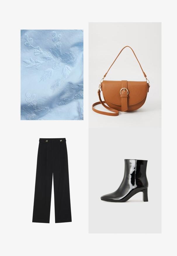 Vaaleansininen kangas, jossa on monimutkainen valkoinen kukka- ja lehtikirjonta, ohuet lehdet ja kukkamotiivit, sileä rakenne ja pehmeä ilme.; Mustat leveälahkeiset housut, joissa on korkea vyötärö, napit vyötärönauhassa ja etupuolella laskokset.; Musta patenttilakattu nilkkuri, jossa on terävä kärki ja keskipitkä lohkarekorko. Silkkinen pinta ja minimalistinen muotoilu.; Ruskean nahkainen olkalaukku, jossa on kaareva muoto, kultaiset yksityiskohdat ja solkiyksityiskohta. Varustettu irrotettavalla olkahihnalla.; Kultahipuinen korvakoru, jossa on sulavalinjainen, kaareva muotoilu. Ominaisuuksiin kuuluu erottuva terävä muoto, kiillotettu pinta ja sarana kiinnitys.