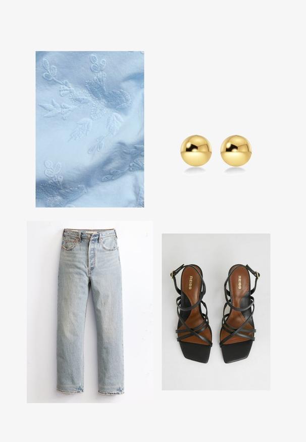 Lys blå stof med indviklet hvid blomsterbroderi, med fine blade og blomster motiver, glat tekstur og blød udseende.; Lysblå denimjeans med lige ben-design, med slidte kanter, kobbernitter og en klassisk fem-lomme stil.; Sorte hælede sandaler med flere smalle stropper, firkantet tå, brune indersåler og en guldbeslag detalje på ankelstroppen.; Guldfarvede, sfæriske øreringe med en skinnende, reflekterende overflade. Designet er enkelt og glat, hvilket skaber et moderne, minimalistisk udseende.