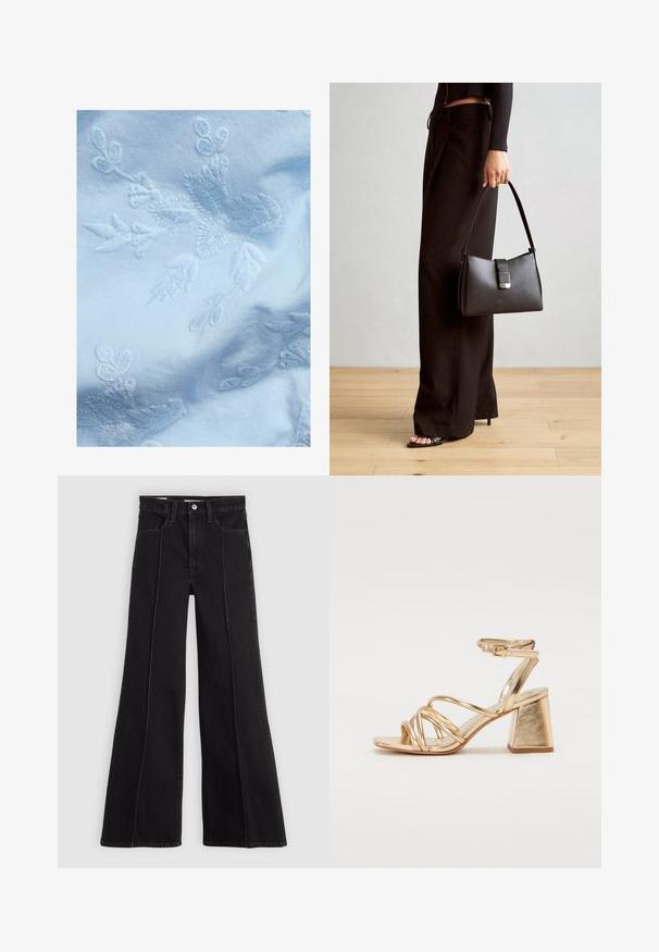 Lys blå stof med indviklet hvid blomsterbroderi, med fine blade og blomster motiver, glat tekstur og blød udseende.; Sorte højtaljede bredbenede jeans med detaljering af frontsømmene, knaplukning, bæltestropper og frontlommer på en enkel lys baggrund.; Guldfarvede hæle-sandaler med en strappy design, firkantet blokhæl og justerbar ankelrem med spænde. Glat tekstur.; Sort håndtaske med struktureret form, glat overflade og metalspænde. Sammen med brede sorte bukser og sandaler med åben tå på trægulv.; Guld-tone hoop øreringe med en glat, poleret overflade. Har en halvcirkelform og en sikker stiftlukning.