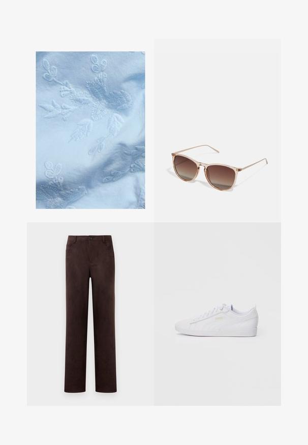 Lys blå stof med indviklet hvid blomsterbroderi, med fine blade og blomster motiver, glat tekstur og blød udseende.; Mørkebrun suedebukser med lige ben, frontknap og lynlås, bæltesløjfer og sidelommer.; Hvide low-top Puma sneakers med snørebånd front, diskret branding på siden og sålen, samt en glat syntetisk overdel til hverdag.; Brune gradient solbriller med en gennemsigtig pink stel, firkantet form og tynde metalarme. Har afrundede kanter og minimal dekoration.; Gul plisseret håndtaske lavet af glat kunstlæder, med en blød form, en enkelt skulderrem og samlet topdesign.