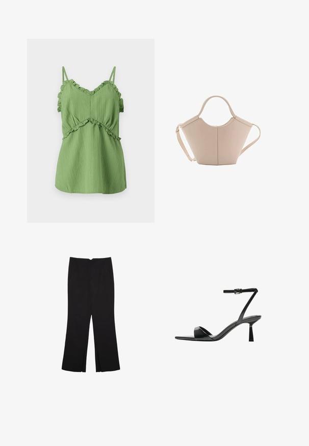 Zelený top bez rukávov s volánovými ramienkami, štruktúrovanou látkou a zGatherovaným pásom. Má výstrih do V a splývavý strih.; Čierne nohavice so strihom rovného strihu, s prednými vreckami a bočnými rozparkami na leme. Vyrobené z mäkkej, hladkej tkaniny. Vhodné na rôzne príležitosti.; Bershka Sandále na vysokom opätku - black; Béžová kožená kabelka s unikátnym tvarom, vybavená dvoma krátkymi uchami a jedným dlhým nastaviteľným popruhom. Hladký povrch s minimálnym kovovým príslušenstvom.
