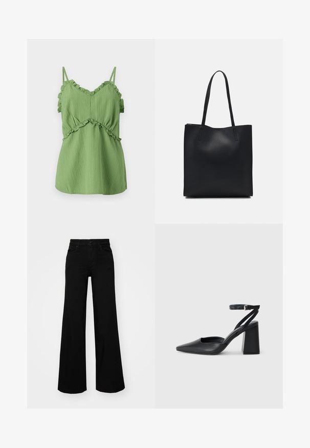 Green sleeveless top with ruffled straps, textured fabric, and a gathered waistline. Features a V-neck and flowing silhouette.; Black wide-leg pants made of denim, featuring a structured waistband, belt loops, and front pockets. Smooth texture with a classic design.; Black leather pointy-toe pump with an ankle strap and a chunky heel. Flat texture, sleek design, and minimalistic aesthetics.; Black leather tote bag with smooth texture, rectangular shape, and two long handles. No visible hardware or embellishments.