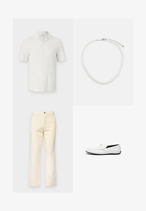Short-sleeve shirt in textured white fabric, featuring a spread collar, button front, and subtle wavy pattern across the surface.; Cream-colored cotton jeans with a straight leg design, featuring a front button closure and standard five-pocket styling.; White leather loafers with a smooth finish, featuring a stitched accent, a rounded toe, and a black rubber sole for grip.; White pearl necklace with a uniform round shape, smooth surface, and metal clasp with an extension chain for adjustable length.