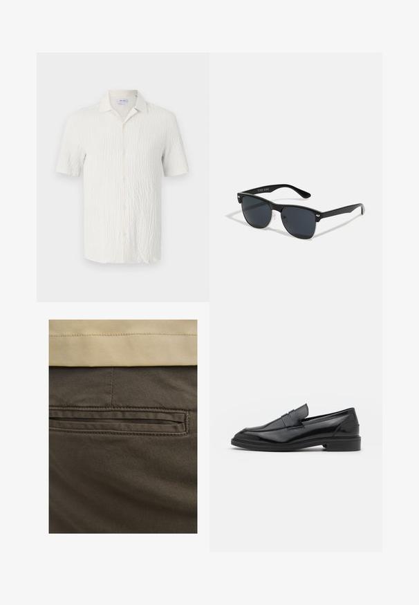 Short-sleeve shirt in textured white fabric, featuring a spread collar, button front, and subtle wavy pattern across the surface.; Brown cotton pants with a visible back pocket feature, accented by subtle stitching and a smooth texture. The waistband is a contrasting beige.; Black leather loafers with a smooth finish, featuring a rounded toe and a narrow band across the upper. Low stacked heel.; Black sunglasses with a rectangular shape, dark lenses, silver accents at the temples, and a matte finish on the frame.