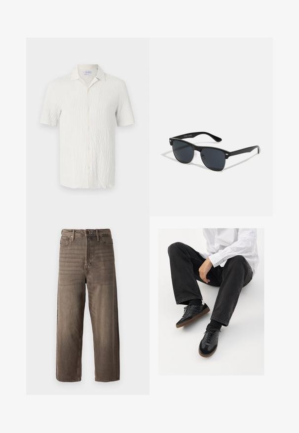 Kratka majica s kratkimi rokavi iz teksturirane bele tkanine, z razprostranjenim ovratnikom, gumbom spredaj in subtilnim valovitim vzorcem po površini.; Rjavi široki traper hlače. Imajo zadrgo, zanke za pas in pet žepov. Tkanina ima zbledel in teksturiran videz.; Črne superge z gladkim in strukturiranim zgornjim delom, ki vključuje gumijast podplat in temne vezalke. Uvrščene so z štručasto črnimi kavbojkami in belo črtasto majico.; Črne sončne naočare pravokotne oblike, temna leča, srebrni detajli na ušesih in mat površina na okvirju.