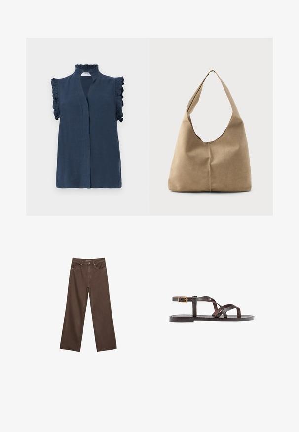 Modra brezrokavnik s srajčnim izrezom z visokim volanom in volančki na ramenih, narejena iz lahkega materiala.; Široke rjave kavbojke iz denima, ki imajo visok pas, sprednje žepe in klasično zapiranje na gumb. Gladka tekstura s subtilnim šivom.; Rjav usnjen sandal z načinom prečnega črta, zaklepom okoli gležnja in ravnim podplatom z minimalnimi šivi.; Hobo torba iz mehkega bež nubuka z ohlapno obliko, širokim ramenskim trakom in ročno šivanim šivom po sprednji strani.