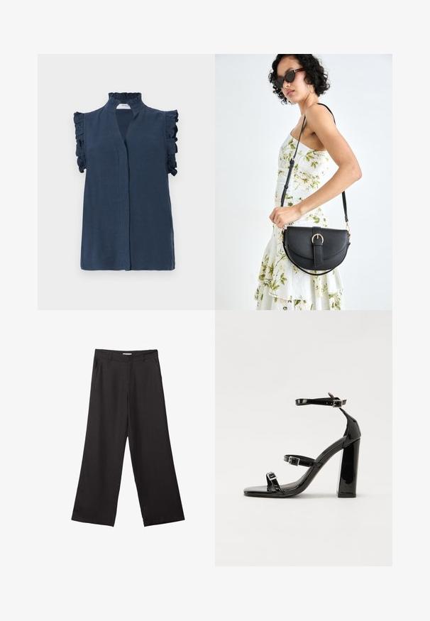 Granatowa bezrękawnikowa bluzka z wysokim, falbanastym kołnierzem i falbanami na ramionach, wykonana z lekkiego materiału.; Czarne spodnie z szerokimi nogawkami, wykonane z gładkiego materiału, z przednim zamkiem błyskawicznym i dwoma bocznymi kieszeniami, o dopasowanym kroju i minimalistycznym wzornictwie.; Czarne lakierowane sandały na obcasie z kwadratowym noskiem, z paskami wokół kostki i srebrnymi klamrami. Posiadają masywny słupek dla stabilności.; Czarna skórzana torebka o zakrzywionym kształcie, z odpinanym paskiem i złotymi akcentami. Torebka posiada klapę z zapięciem w kształcie klamry.