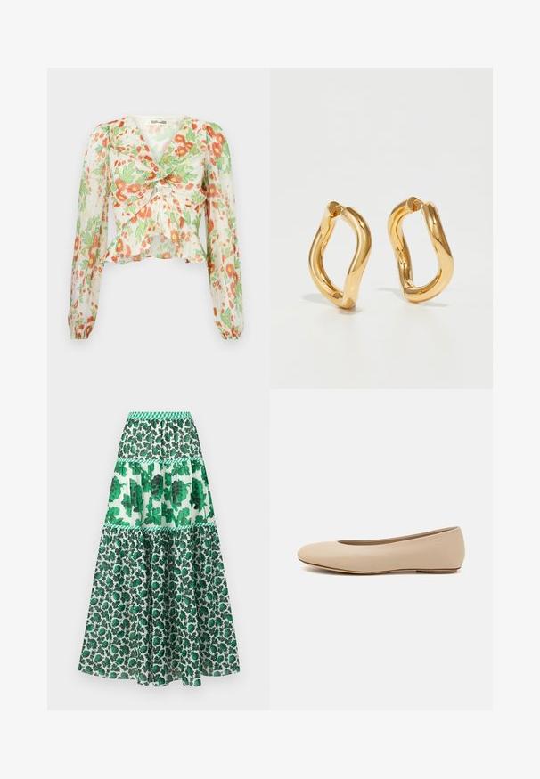 Diane von Furstenberg MARY - Cămașă - marlene batik ivory; Fustă maxi cu model verde, dotată cu un brâu elastic. Prezintă un design stratificat cu imprimeuri florale și nuanțe variate de verde.; Balerini din piele bej, cu vârful rotund, detalii de cusătură minime, toc mic și un logo subtil pe partea din spate. Textură netedă, mată.; Cercei din aur cu un design curbat, neregulat și o textură netedă și lustruită. Fără accesorii sau elemente vizibile.