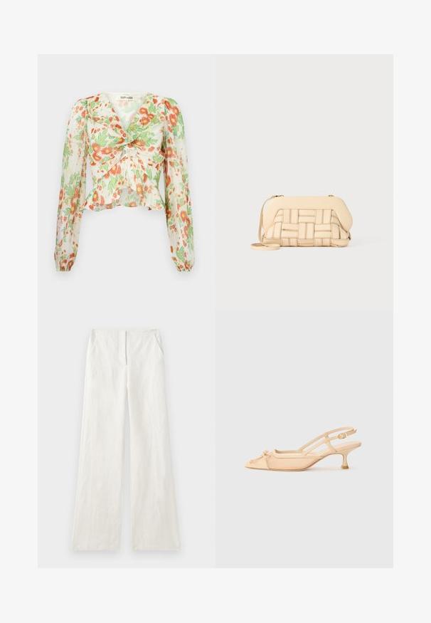 Diane von Furstenberg MARY - Nööpidega pluus - marlene batik ivory; Laia-lõngaga lõdvad püksid kreemjas valges, millel on sile tekstuur, eespuuked ja küljetaskud. Lihtne, kaunistusteta disain.; Stuart Weitzman KITTY - Klassikalised kontsakingad - beige/barely beige; Kootud beež käsipaga, millel on struktureeritud disain, sile ülemine osa ja pikk rihm. Tekstureeritud detailid tõstavad eseme üldilmet.