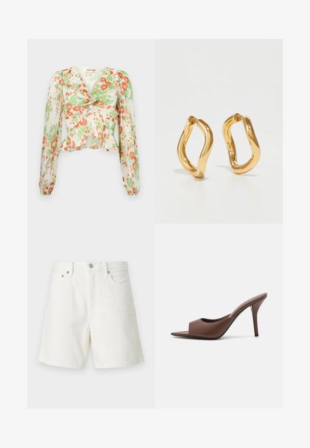 Diane von Furstenberg MARY mleczny; Białe dżinsowe szorty o prostym kroju, z pięcioma kieszeniami, z przodu zapinane na guzik, z metalowym wykończeniem i przeszyciami.; Brązowe skórzane klapki na wysokim obcasie z odkrytymi palcami o eleganckim wzornictwie, z szerokim przednim paskiem i smukłym obcasem typu stiletto.; Złote kolczyki w kształcie obręczy o zakrzywionym, nieregularnym kształcie oraz gładkiej, wypolerowanej powierzchni. Brak widocznych elementów sprzętowych lub akcentów.