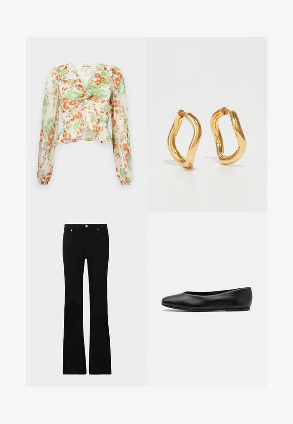 Diane von Furstenberg MARY - Button-down blouse - marlene batik ivory; Black flared jeans made of denim, featuring two front pockets, a button closure, and a smooth texture. Signature stitching visible at seams.; Paul Smith TOPANGA - Ballet pumps - black; Gold-colored hoop earrings with a curved, irregular shape and a smooth, polished texture. No visible hardware or accents.
