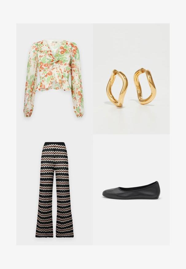 Diane von Furstenberg MARY - Bluza s gumbima - marlene batik ivory; Pletene hlače s lepršavim krojem i zigzag uzorkom u crnoj, bijeloj i smeđoj boji. Imaju teksturiranu završnu obradu i elastičan pojas.; Crne kožne baletanke s zaobljenim vrhom, glatke teksture, minimalnim detaljima šavova i fleksibilnim dizajnom potplata.; Zlatne naušnice-krugovi s zakrivljenim, nepravilnim oblikom i glatkom, poliranom teksturom. Nema vidljive mehanike ili detalja.