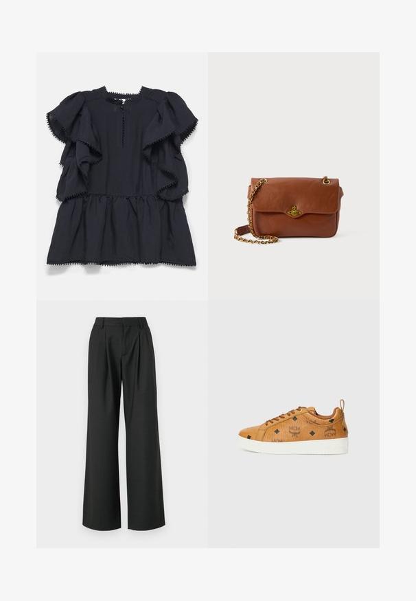 MUNTHE UFOLIA - Blouse - black; Won Hundred CAMILLE TROUSERS - Trousers - licorice; Brown leather sneakers with contrasting white rubber soles, featuring black diamond patterns and MCM logos on the side. Include laces and a rear tab.; Brown leather crossbody bag with a flap closure, gold hardware, and a chain strap. Smooth texture, rectangular shape, minimal detailing.