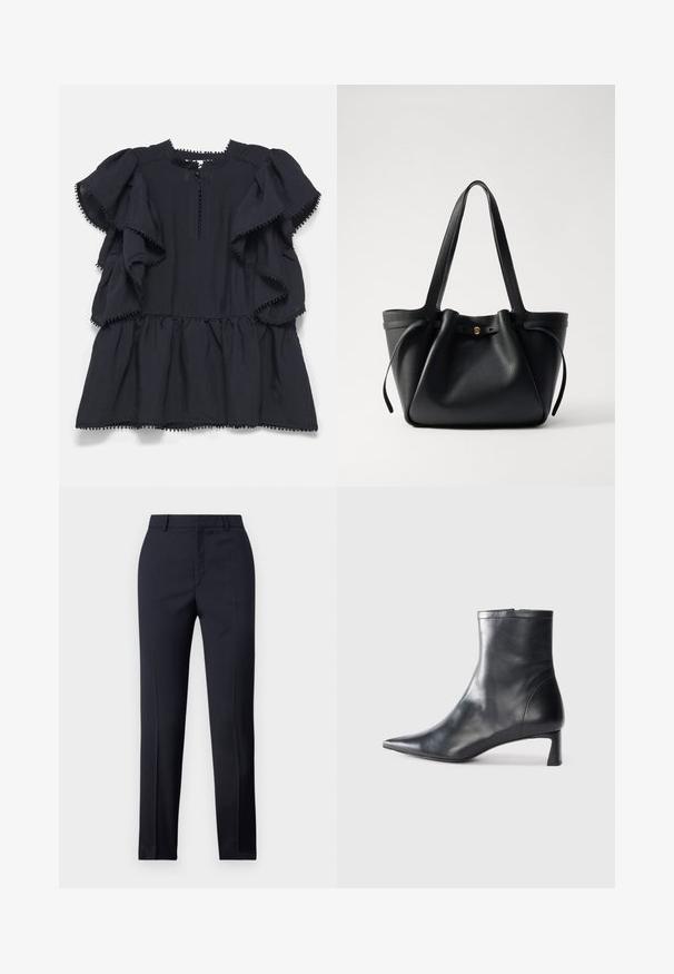 MUNTHE UFOLIA - Bluse - black; Marineblaue Tailored-Hosen mit geradem Schnitt, ausgestattet mit glattem Material, zwei frontalen Taschen und einem schlichten Bund.; Schwarze Lederstiefelette mit spitzer Zehe und schlankem Design. Verfügt über einen niedrigen Absatz und einen Reißverschluss hinten. Glatte Textur.; Schwarze Leder-Tote mit zwei langen Tragegriffen, einem gerafften oberen Teil und einem goldenen runden Akzent. Glatte Textur mit minimalistischem Design.