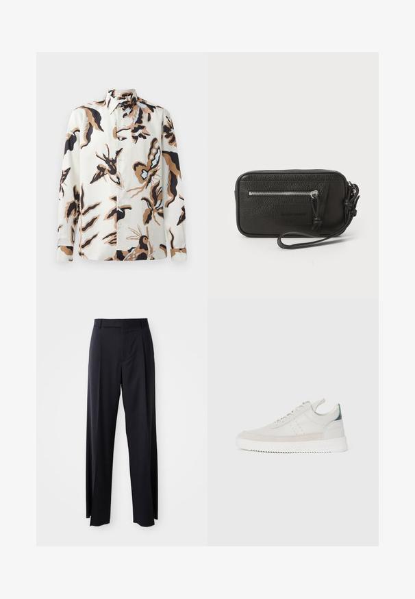 Kreminė ilgomis rankovėmis marškiniai su gėlių ir drugelių raštu. Savybės: kilpiniu apykaklė, priekiniai mygtukai ir laisvas siluetas.; Juodi, aukštai užtraukiami kelnių modeliai su plačiomis kojomis, pagaminti iš lygaus audinio. Yra priekiniai raukšlės ir diržo kilpos. Minimalistinio dizaino, be matomų detalių.; Balti odiniai sportbačiai su pilkais zomšos akcentais, su raišteliais, su traukimo juostele ir tekstūruota guma, kurioje matomas zigzago raštas.; Juodas odinis delninukas su tekstūruotu paviršiumi, priekinė užtrauktuko kišenė ir nuimama riešo juosta. Priekyje yra logotipo etiketas. Stačiakampio formos.