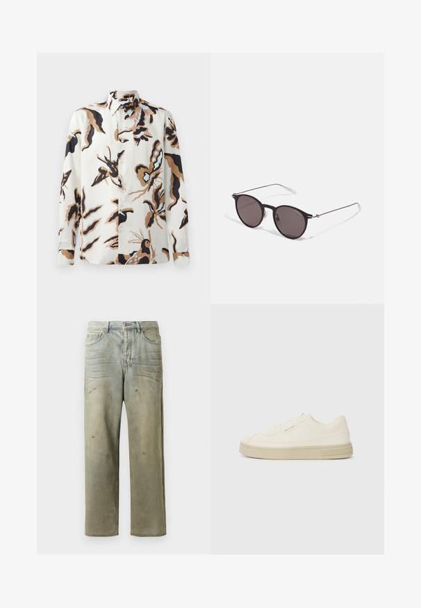 Cămașă cu mânecă lungă în crem, cu un model floral și fluturi. Include guler cu nasturi, nasturi pe față și o croială lejeră.; Jeans din denim uzat, de culoare verde deschis, cu un croi drept, design cu cinci buzunare, și decolorare inegală cu stropi de vopsea.; Adidași albi din pânză cu o talpă din cauciuc texturată, având un vârf cusut și un accent cu logo pe călcâi. Design simplu cu șireturi.; Ochelari de soare negri rotunzi cu lentile întunecate și brațe metalice subțiri. Include vârfuri transparente pentru brate și accente argintii la balama. Design minimalist.