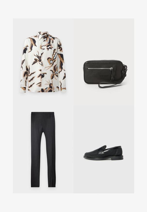 Pitkähihaisen kermahupparin kukka- ja perhoskuvio. Ominaisuuksiin kuuluu napillinen kaulus, etunapit ja rento malli.; Emporio Armani TROUSER - Housut - nero; Musta kudottu liukupohjallinen kenka, jossa on sileä nahkakorostus päällisessä, pyöreä kärki ja matala kumipohja.; Mustakotelo, jossa on tekstuuri, etupinossa vetoketjullinen tasku ja irrotettava ranneke. Edessä on logopatch. Suorakulmainen muoto.