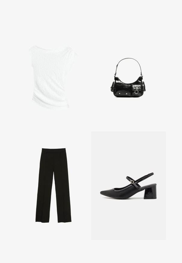 White textured top with an off-the-shoulder design, featuring a slightly wrinkled finish and draped silhouette for a relaxed fit.; Black wide-leg trousers made from a smooth fabric, featuring a fitted waistband and subtle front pleats for added texture.; Black patent leather slingback heels with a pointed toe, a rounded cutout design, and a block heel. Features a gold-tone buckle accent.; Black patent leather handbag with a curved shape, one shoulder strap, front pockets, and silver-tone hardware accents.