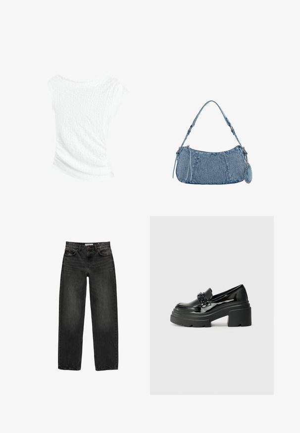 White textured top with an off-the-shoulder design, featuring a slightly wrinkled finish and draped silhouette for a relaxed fit.; Black denim jeans with a relaxed fit, straight leg, five-pocket design, and a slightly faded texture. Button and zipper closure at the front.; Black patent leather loafers with a chunky black platform sole, featuring a decorative chain accent on the front. Smooth texture, rounded toe.; Denim handbag with a curved shape, light blue color, adjustable shoulder strap, and a small detachable pouch with metallic accents.
