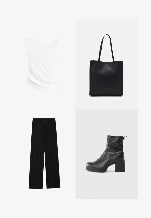 Valkoinen rakenteellinen paita, jossa on olkapäältä paljastava muotoilu. Paita on hieman ryppyinen ja siinä on laskeutuva siluetti, joka tarjoaa rentoa istuvuutta.; Mustat, leveälahkeiset housut, jotka on valmistettu sileästä kankaasta. Edessä on taskut ja vyötäröllä nappikiinnitys. Minimalistinen muotoilu ilman kuvioita.; Mustat nilkkurit, jotka on valmistettu sileästä nahasta. Niissä on sivuvetoketju, paksu teksturoitu korko ja pyöristetty kärki.; Mustapahkainen kangaskassi, jossa on sileä pinta, suorakaiteen muotoinen ja kaksi pitkää kahvaa. Ei näkyvää metalliosaa tai koristeita.