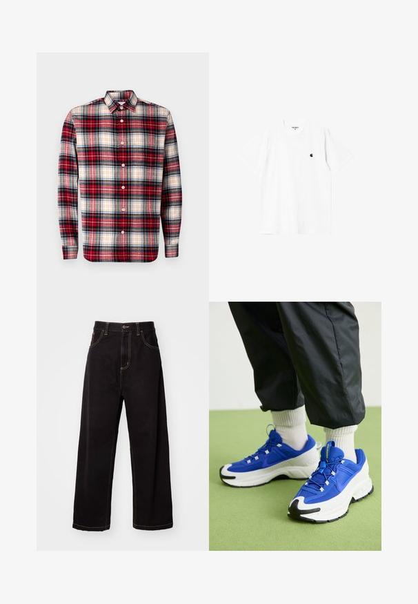 GAP STANDARD - Košile - multi coloured; Bílá bavlněná tričko s krátkým rukávem, kulatým výstřihem a malým černým logem na levé straně hrudi. Měkká textura a standardní střih.; Černé široké džíny z denimu s kontrastním šitím, pětikusovým designem a zapínáním na předním tlačítku. Hladká textura a pevná látka.; Modré a bílé sportovní boty s texturovanou tkaninou, výraznou gumovou podrážkou a černými akcenty. Obsahují šněrování a design s polstrováním.