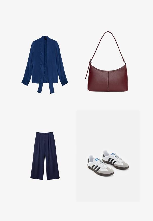 Marineblå satin kimono-jakke med lange ærmer, åben front og bindebånd. Glat tekstur og minimalistisk design uden udsmykninger.; Marineblå brede bukser med plyser, knappet talje og bæltestropper, vist fladt på en hvid baggrund.; Sportsko med en overdel i hvid læder, grå ruskind på tåen og tre sorte striber. Har et blåt logo på tungen og en struktureret gummisål.; Kastanjebrun læderhåndtaske med en buet form, en enkelt skulderrem og syninger i midten. Glat tekstur, minimal hardware.