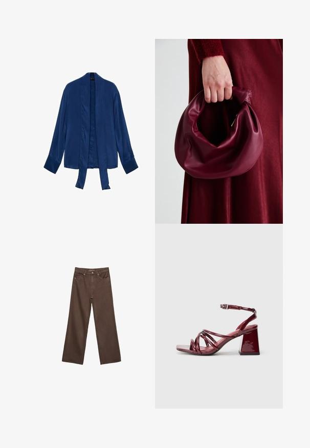 Marineblå satin kimono-jakke med lange ærmer, åben front og bindebånd. Glat tekstur og minimalistisk design uden udsmykninger.; Bredde ben brun denim jeans med høj talje, forlommer og klassisk knaplukning. Glat tekstur med diskret syninger.; Patenterede burgunderrøde hælede sandaler med firkantet tå, der har flere sammenflettede stropper og en kraftig blokhæl. Justerbar ankelrem.; Bordeaux læderhåndtaske med et blødt, samlet design og en rund form. Håndtaget er sikret og viser en glat tekstur.