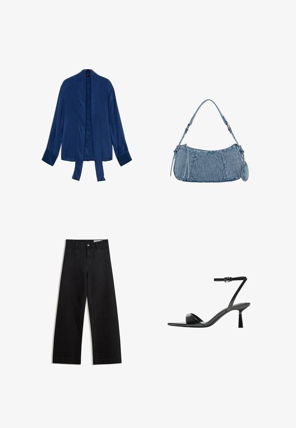 Marineblå satin kimono-jakke med lange ærmer, åben front og bindebånd. Glat tekstur og minimalistisk design uden udsmykninger.; Sorte wide-leg denim bukser med høj talje, der har front- og baglommer, syede sømme og en knaplukning. Glat tekstur.; Bershka Højhælede sandaletter / Højhælede sandaler - black; Denim håndtaske med buet form, lyseblå farve, justerbar skulderrem og en lille aftagelig pung med metalliske detaljer.