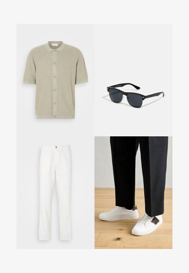 Rövid ujjú, galléros pulóver világos zöld bordás kötésben. Elöl gombos záródás és strukturált anyag jellemzi, tiszta, laza stílusban.; Fehér szövetnadrág egyenes szabással, két elülső zsebbel és gombos záródással. Sima textúra és letisztult design.; Fehér sneaker, sima textúrával, barna bőr díszítéssel és fekete részletekkel, fekete szabott nadrággal párosítva. Fából készült padló háttér.; Fekete napszemüveg, téglalap alakú, sötét lencsékkel, ezüst részletekkel a szárakon, és matt felülettel a kereten.