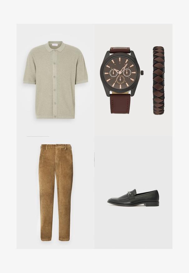 Šviesiai žalias trumpomis rankovėmis, su apykakle megztinis iš ribotos mezgimo. Išskirtinė mygtukų uždarymo priekyje medžiaga turi tekstūrą ir švarų, kasdienį dizainą.; Rudų aksominių kelnių su vertikaliu raukšlėtu tekstūru, tiesiu kirpimu, sagčių uždarymu ir diržo kilpomis. Lygus audinys su minkštu paviršiumi.; Juodos odinės loafer tipo bateliai su lygiu paviršiumi, turintys siuvinėtą dizainą ir dekoratyvų metalo grandinėlės akcentą ant batų viršaus. Plokščias kulnas.; Pier One SET - Laikrodis - black/brown