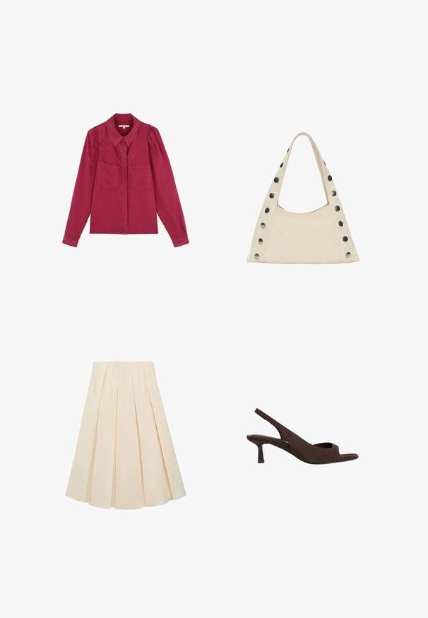 Burgunderfarbendes Langarmshirt mit Kragen, zwei Vorderaschen und gepufften Schultern; aus einem weichen Baumwollmaterial gefertigt.; Faltrock aus cremefarbenem Stoff; weist eine sanfte Textur, ein knielanges Design und symmetrische Falten auf, die vom Bund bis zum Saum verlaufen.; Braune Wildleder-Slingbacks mit einem Peeptoe-Design, ausgestattet mit einem niedrigen, geschwungenen Absatz und einer weichen Textur im gesamten Schuh.; PULL&BEAR SHOULDER - Shopping Bag - beige