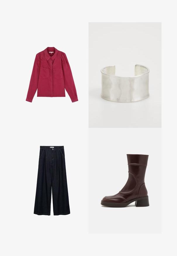Bordeaux langærmet skjorte med krave, to forlommer og puffede skuldre; lavet af blødt bomuldsstof.; Lys beige kortærmet striktop med fastgjort tørklædsdetalje draperet omkring halsudskæringen.; Mørk denim bredbenede bukser med høj talje, der har en frontlukning med knap, to sidelommer og syningsdetaljer.; MIISTA MALENE - Støvletter - brown; Zign Armbånd - silver-coloured