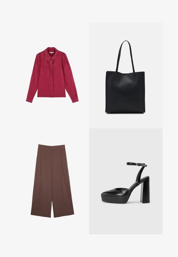 Burgundowa koszula z długim rękawem, z kołnierzykiem, dwiema przednimi kieszeniami i bufkami na ramionach; wykonana z miękkiego materiału bawełnianego.; Brązowe spodnie o szerokich nogawkach z gładką fakturą, z wysokim stanem i plisami z przodu. Materiał jest lekki i luźno opada.; Czarne platformy na wysokim obcasie z szpiczastym noskiem i regulowanym paskiem na kostkę. Wykonane z gładkiej skóry, z grubym słupkowym obcasem.; Czarna skórzana torba tote o gładkiej fakturze, prostokątnym kształcie i dwóch długich uchwytach. Brak widocznych elementów metalowych i ozdób.
