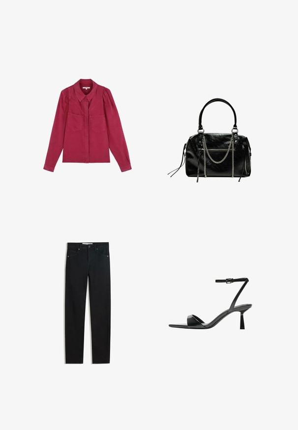 Bordeaux langemouws shirt met een kraag, twee voorzakken en opgeblazen schouders; gemaakt van een zachte katoenmateriaal.; Zwarte denimbroek met een recht silhouet, vijf zakken, metalen knoopsluiting en subtiele stikdetails. Gladde textuur.; Bershka Sandalen met hoge hak - black; Bershka WITH CHAIN - Handtas - black