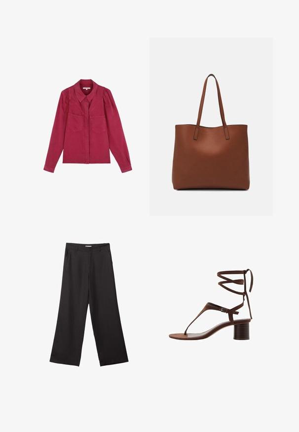 Burgunderfarbendes Langarmshirt mit Kragen, zwei Vorderaschen und gepufften Schultern; aus einem weichen Baumwollmaterial gefertigt.; Schwarze weite Hosen aus glattem Stoff, mit einem Reißverschluss vorne und zwei seitlichen Taschen, maßgeschneiderter Passform und minimalistischem Design.; Braune Wildleder-Peeptoe-Sandale mit einem dreieckigen Zehenriemen, Knöchelbindern und einem strukturierten Blockabsatz für Stabilität.; Braune Leder-Tote mit glatter Textur, offenem Oberteil und zwei Schulterriemen. Verfügt über minimale Nähte und keine sichtbaren Beschläge.