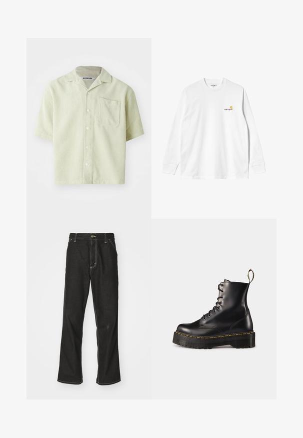 Krátky rukáv košele v svetlozelenej farbe s prúžkovaným vzorom, s jednou náprsné kapsou a predným zapínaním na gombíky. Vyrobená z priedušnej tkaniny svoľným strihom.; Dlhý rukáv bielej bavlnenej tričko s okrúhlym výstrihom, s malým žltým a vínovým logom na ľavej hrudi. Bezšvové manžety a lem.; Čierne denimové nohavice s voľným strihom, s kontrastným bielym prešívaním, uzáverom na gombík a rovnými nohavicami.; Čierne kožené členkové topánky na šnurovanie s masívnou čiernou podrážkou a žltým prešitím. Obsahujú pútko na zadnej strane a okrúhle kovové očká.