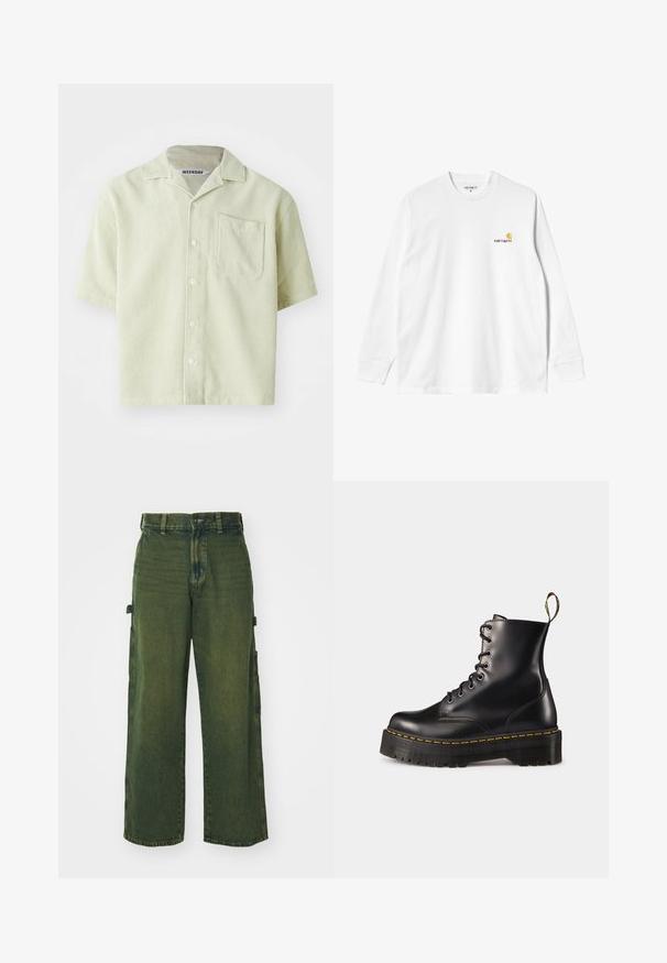 Košile s krátkým rukávem v světle zelené barvě s pruhovaným vzorem, jednou náprsní kapsou a knoflíkovým zapínáním. Vyrobena z prodyšné látky s volným střihem.; Bílý bavlněný tričko s dlouhými rukávy a kulatým výstřihem, na levé části hrudi se nachází malé logo v žluté a burgundské barvě. Bezšvové manžety a lem.; Zelené džínové cargo kalhoty s širokými nohavicemi, vybavené bočními kapsami, vybledlou texturou a klasickým zapínáním na knoflík a zip.; Černé kožené kotníkové boty na šněrování s mohutnou černou podrážkou a žlutým prošíváním. Mají poutko na zadní straně a kulaté kovové očko.