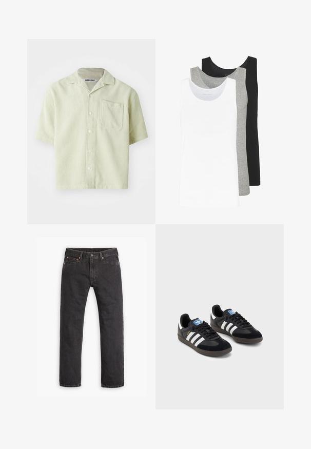 Short-sleeve shirt in light green with pinstripe pattern, single chest pocket, and button front. Made from breathable fabric with a relaxed fit.; Three tank tops in white, gray, and black. Each features a classic sleeveless design, made from lightweight cotton fabric with a ribbed texture.; Black straight-leg denim jeans with five pockets, button closure, and copper rivets laid flat on a white background.; Black sneakers with a suede and synthetic upper, featuring three white stripes, textured rubber sole, and blue logo tag on the tongue.